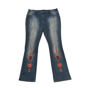 Flamingals Jeans Womens 4X LONG SouthWestern Embroidered High-Rise BLUE Longhorn